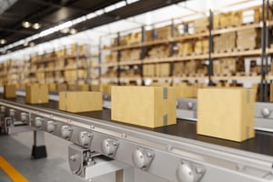 Four boxes on a conveyor belt at a fulfillment center-min